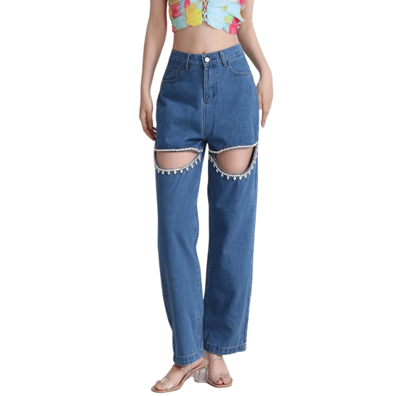 Moda Jeans elegantes para mulheres de cintura alta Lace Patchworl